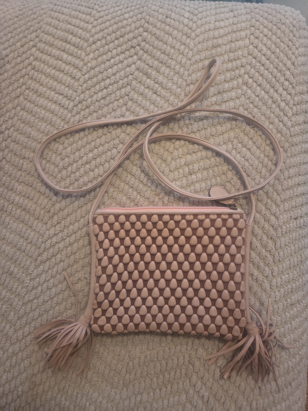 Tissa Fontaneda Luxury Nappa Lambskin w/bubbles blush crossbody bag with tassles